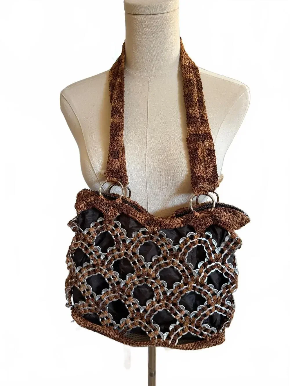 Handmade Brown 1980 soda pop Crochet Shoulder Bag with Metal Ring Details